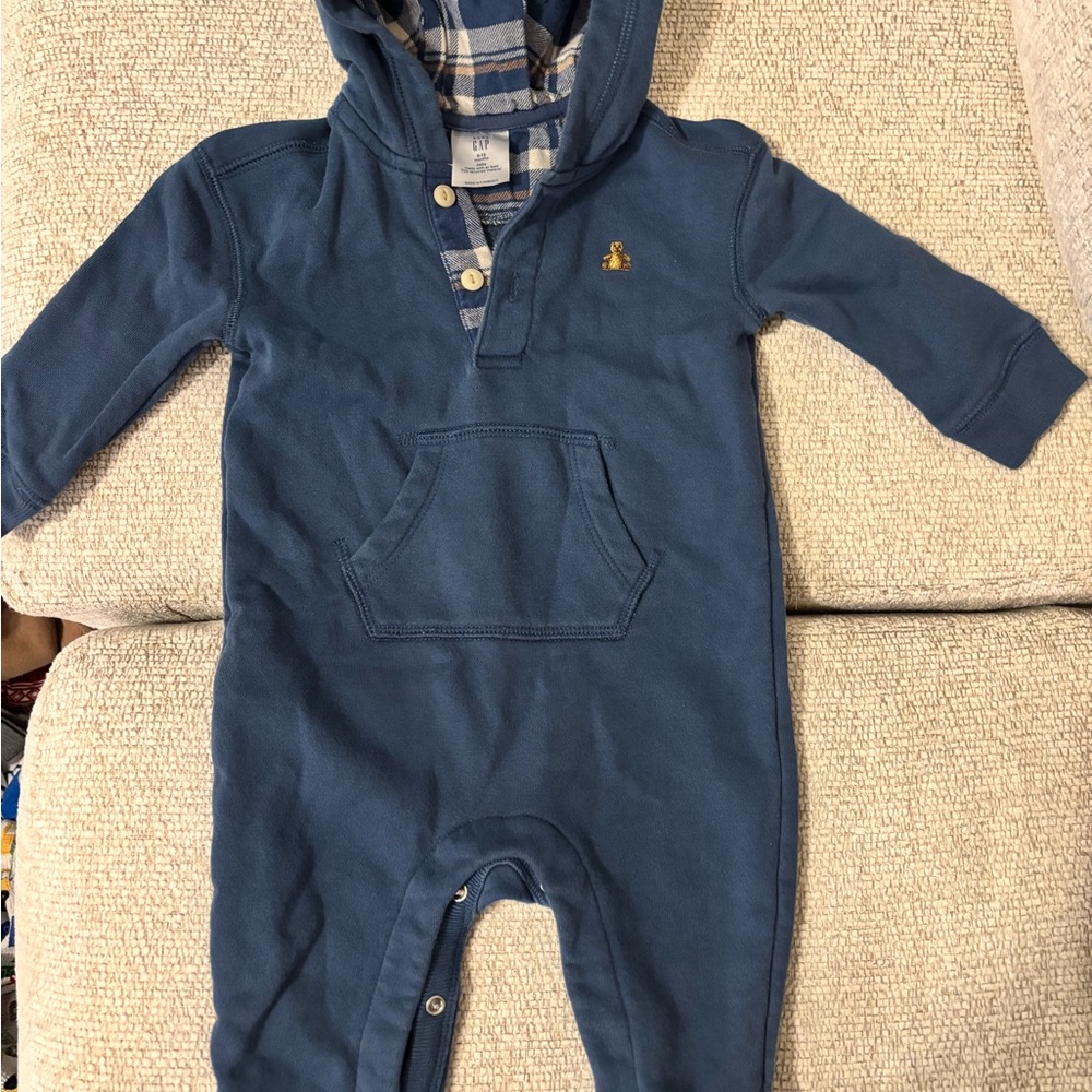 Navy Blue Gap  Thick Hooded Baby Onesie with Plaid Lining Footless SZ 6-12M